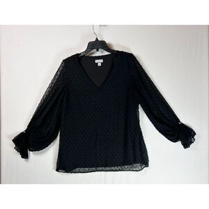 Sam and Jess Black Swiss Dot Chiffon Blouse Sheer Sleeves V-Neck Women’s L
